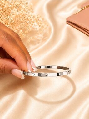 Sterling Silver Crystal Accent Bangle Bracelet - Silver